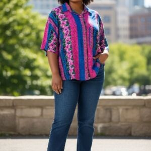 Michelle Leslie Vtg Shirt  Blue Pink Floral Striped 90s Retro Hippie Festival M